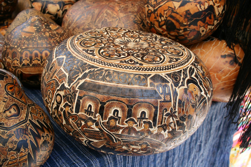 Gourds with intricate carvings from a market in Ecuador