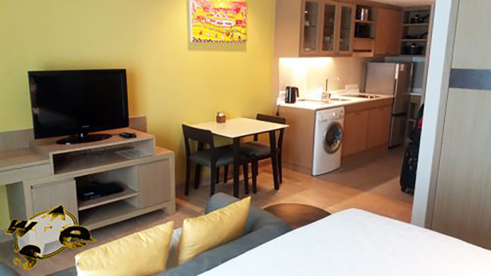 Serviced Studio Apartment view from the bed at at Somerset Lake Point Hotel in Bangkok for Digital Nomads