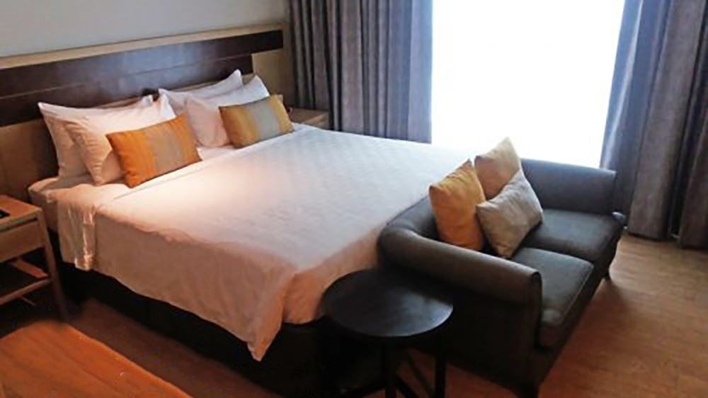 Studio apartment Bedroom – and it’s BIG comfy bed! at Somerset Lake Point Hotel for Digital Nomads in Bangkok